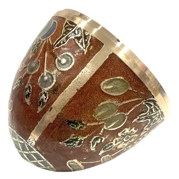 Enameled Cloisonne Brass Egg Trinket Box with Brass Stand Fruit & Flower Design. - Picture 8 of 15